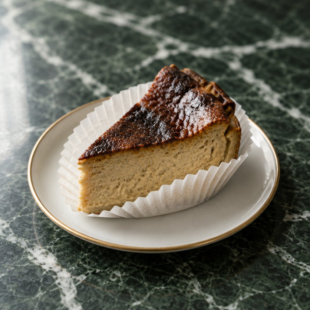 A slice of hojicha Basque cheesecake with a dark top