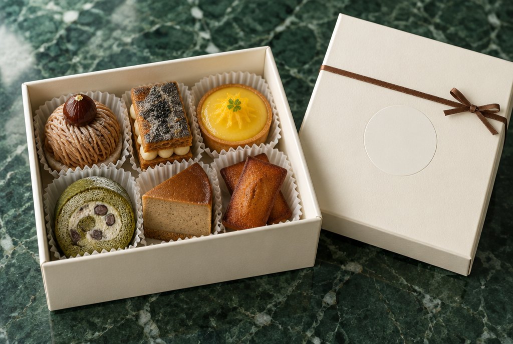 A box of six on green marble, its lid stamped BONI
