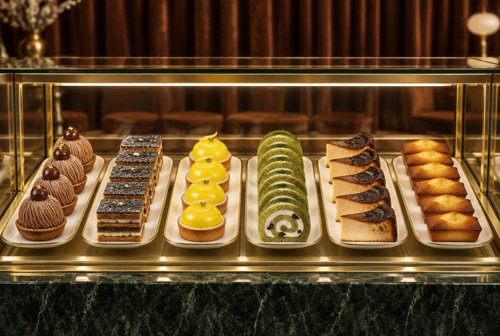 A brass and glass case with six rows of desserts, one kind per row
