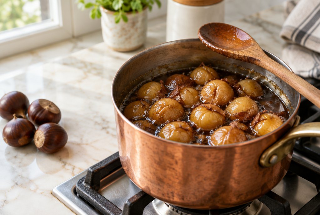 Chestnuts simmering in dark syrup in a copper pot