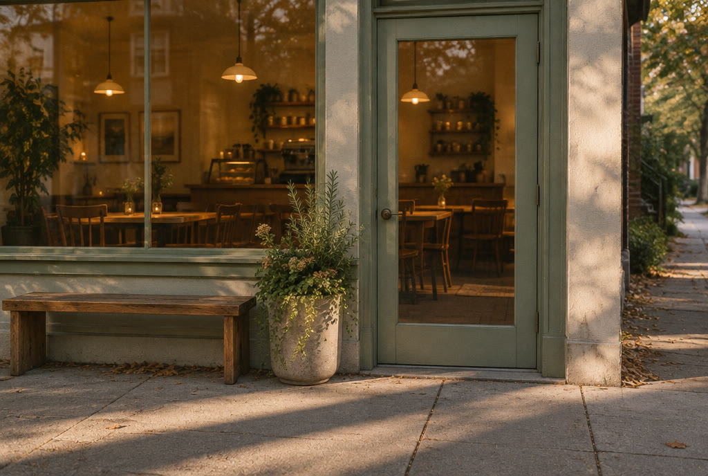 A café door with a bench and potted plants outside