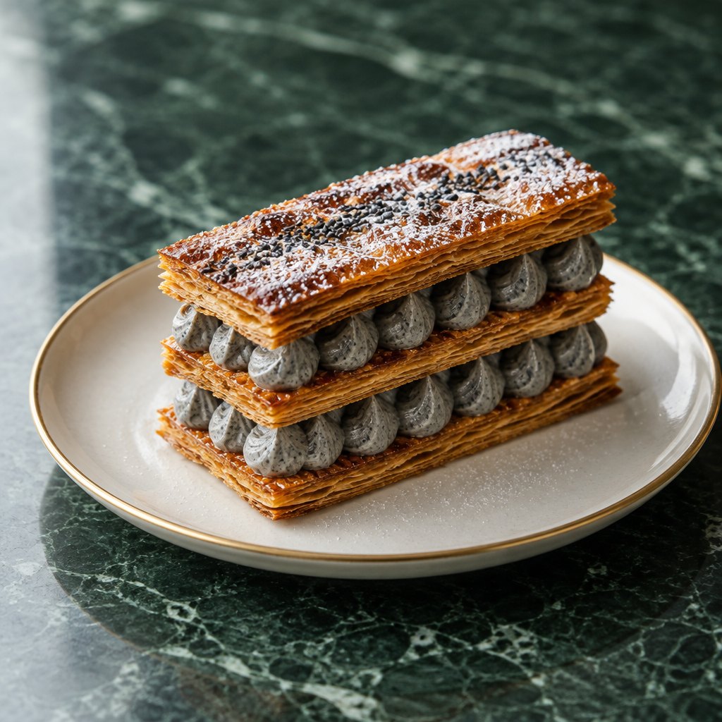 Black sesame mille-feuille on a brass-rimmed plate
