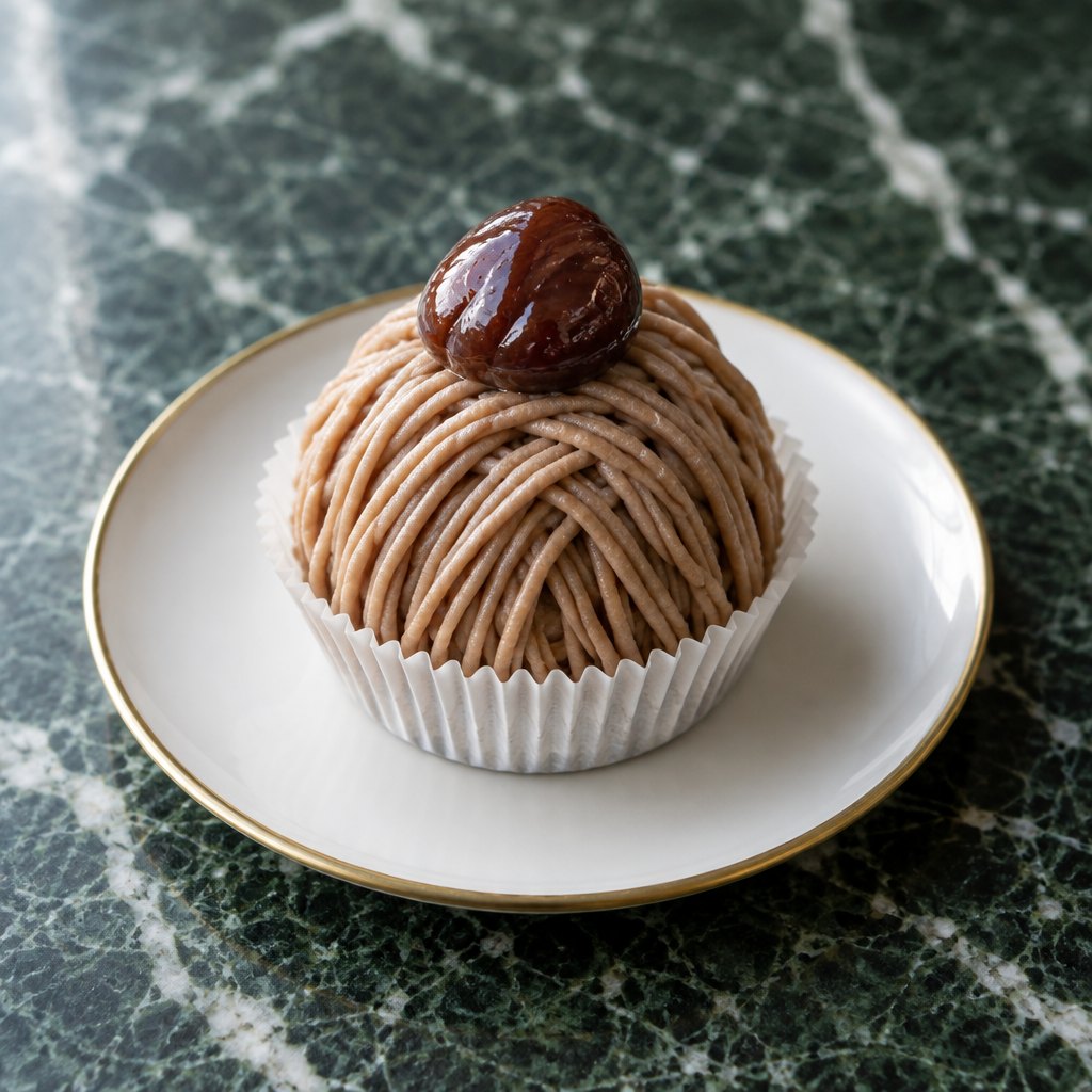 A chestnut Mont Blanc topped with a glossy whole chestnut, on green marble