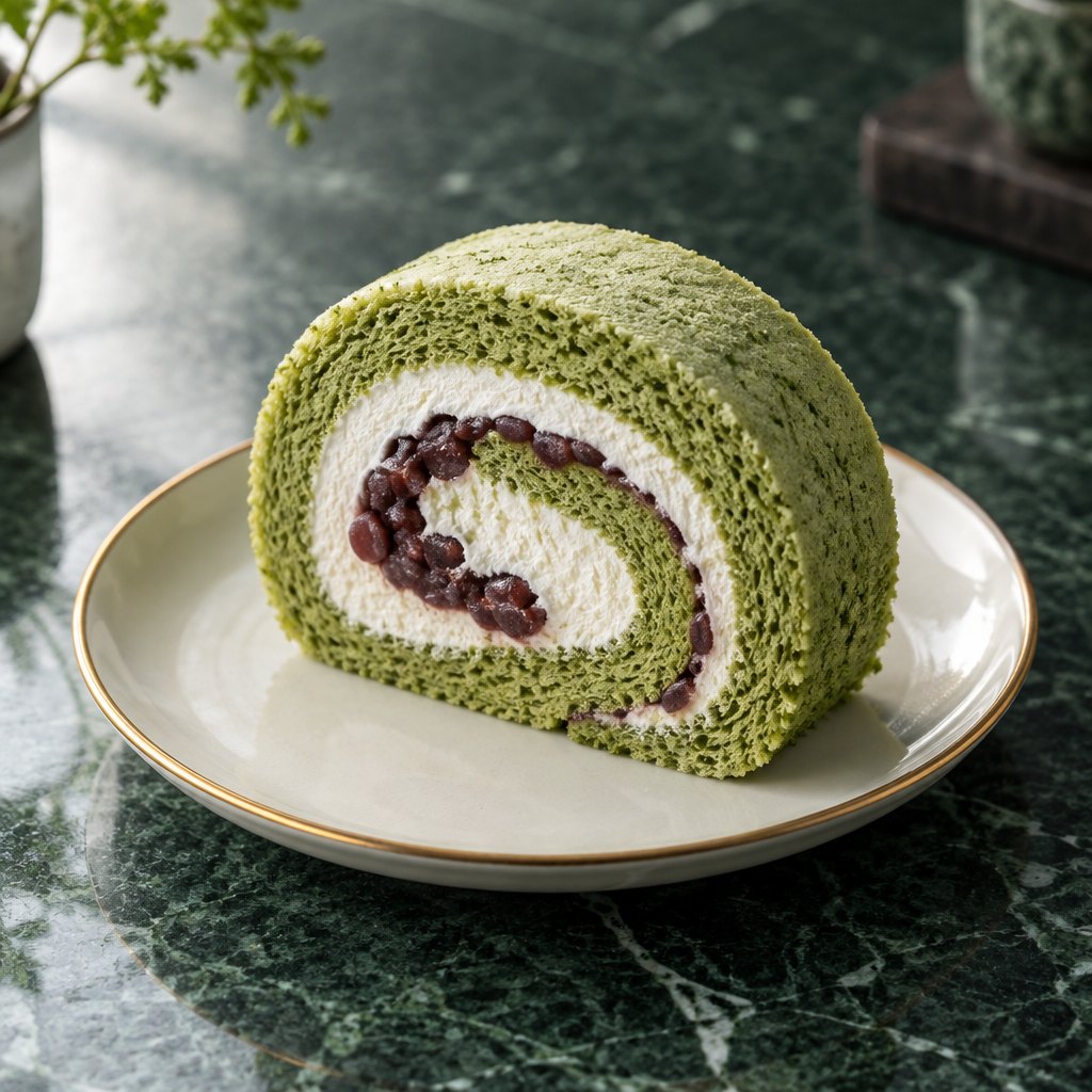 A slice of mugwort cream roll with red bean