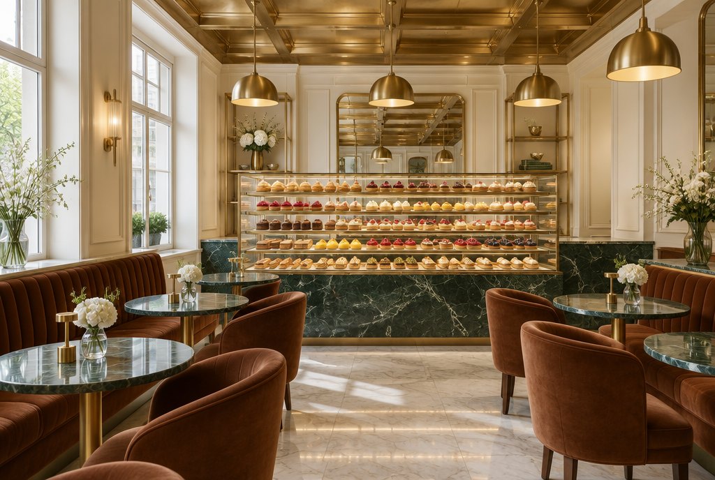 The salon: chestnut velvet chairs, green marble tables, a brass ceiling, and the lit case at the back