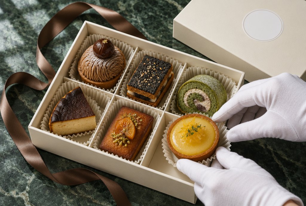 Gloved hands placing the last tart into a box of six