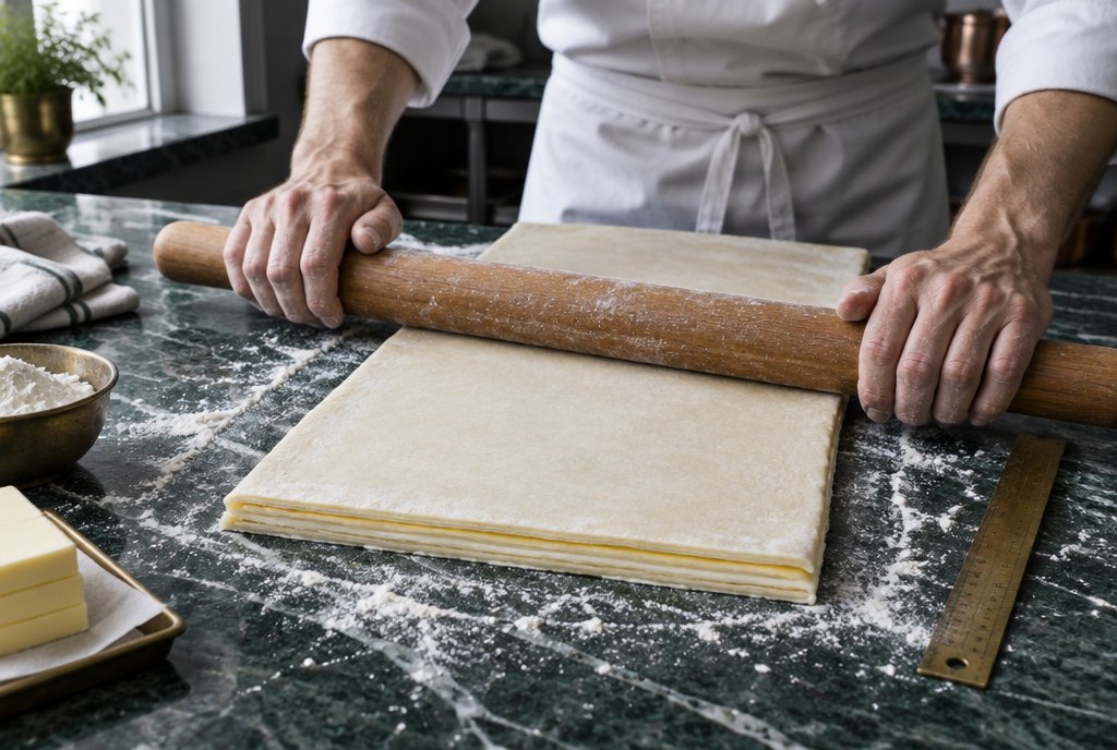 Hands rolling out layered pastry on green marble