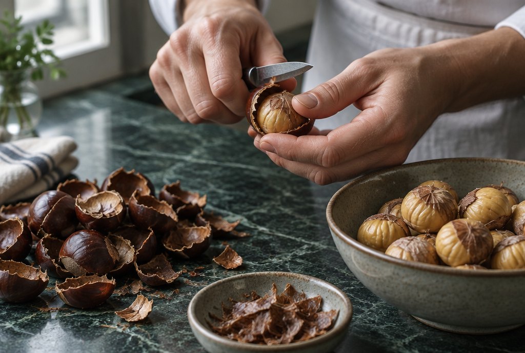 Hands peeling a chestnut with a small knife, the inner skin left on