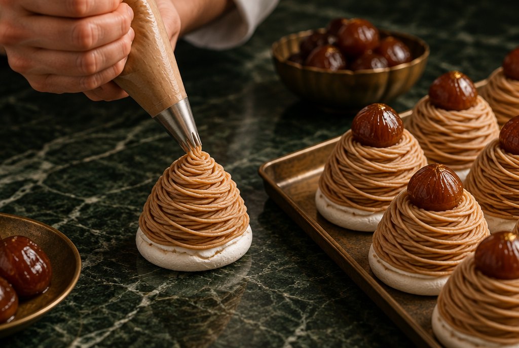 A hand piping chestnut cream onto a meringue base, finished Mont Blancs on a tray