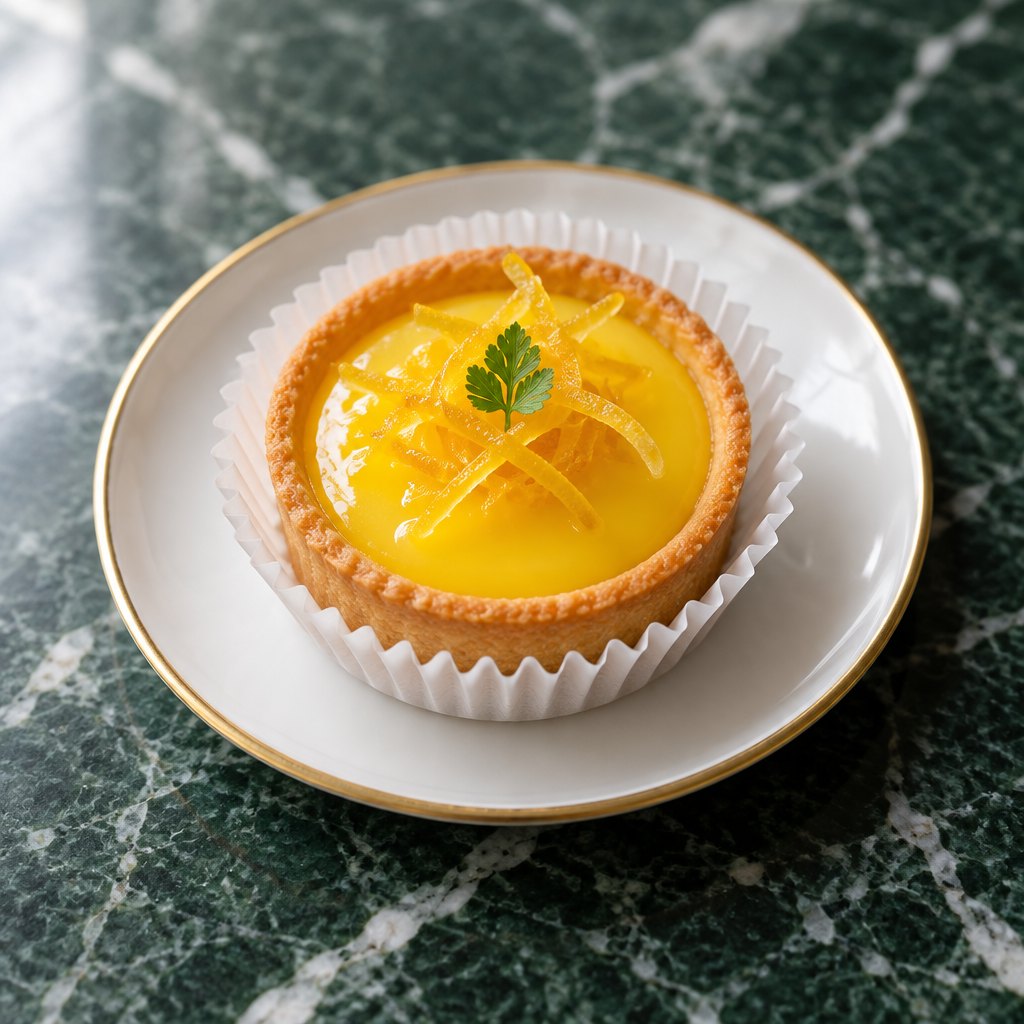 A yuja tart with candied peel on a brass-rimmed plate