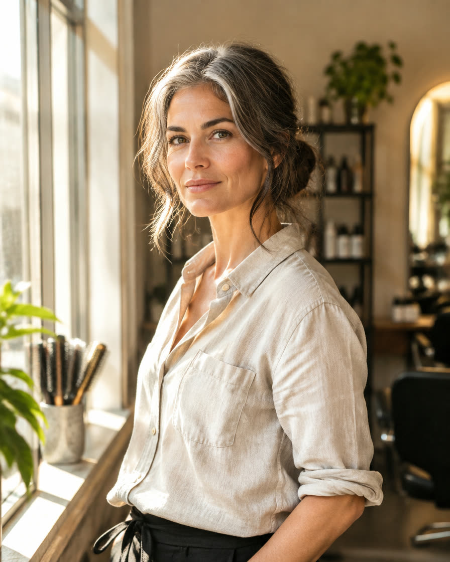 Portrait of founder Della Ruiz by a sunlit window