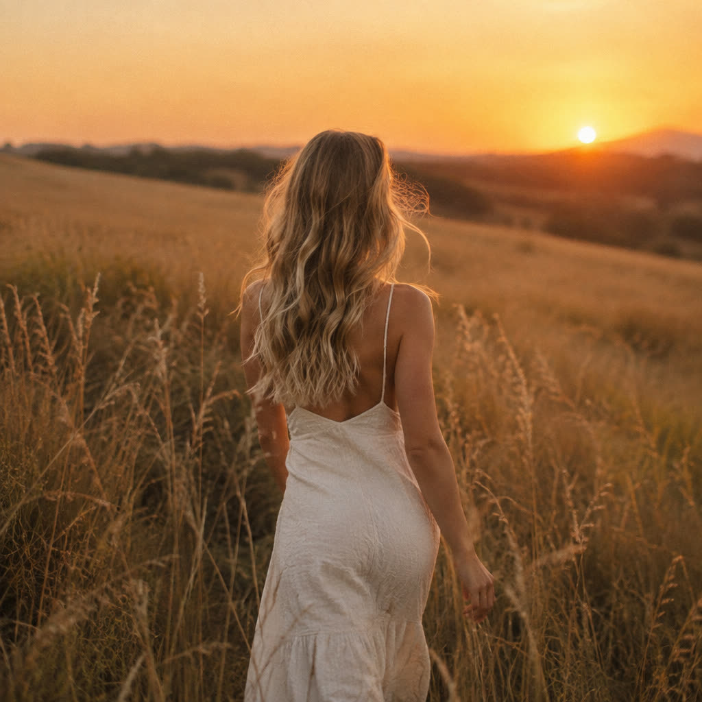 Lived-in blonde waves in a field at sunset