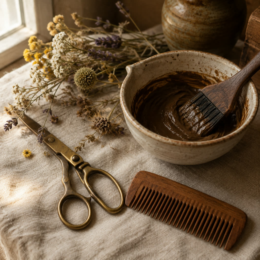 Brass shears, a wooden comb and a bowl of color on linen