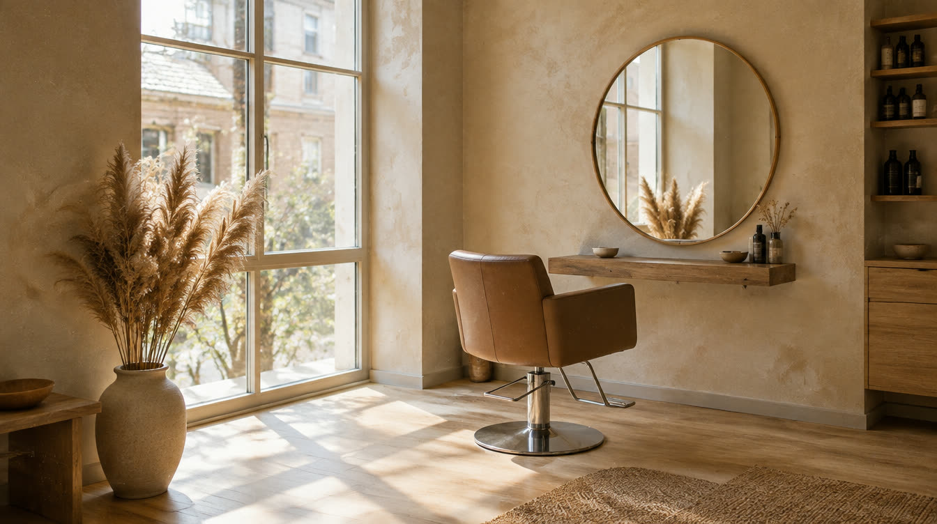 A styling chair beside a tall sunlit window in a calm studio