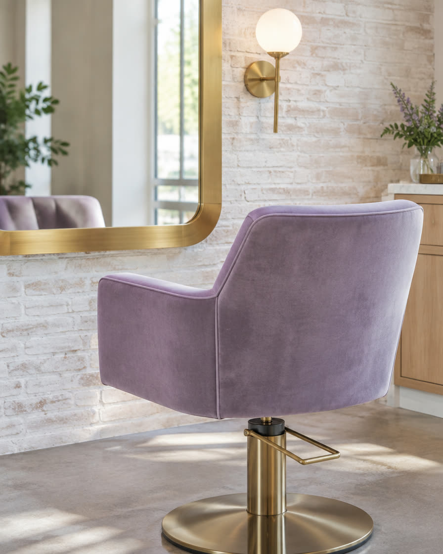 Lavender velvet chair in front of a brass mirror
