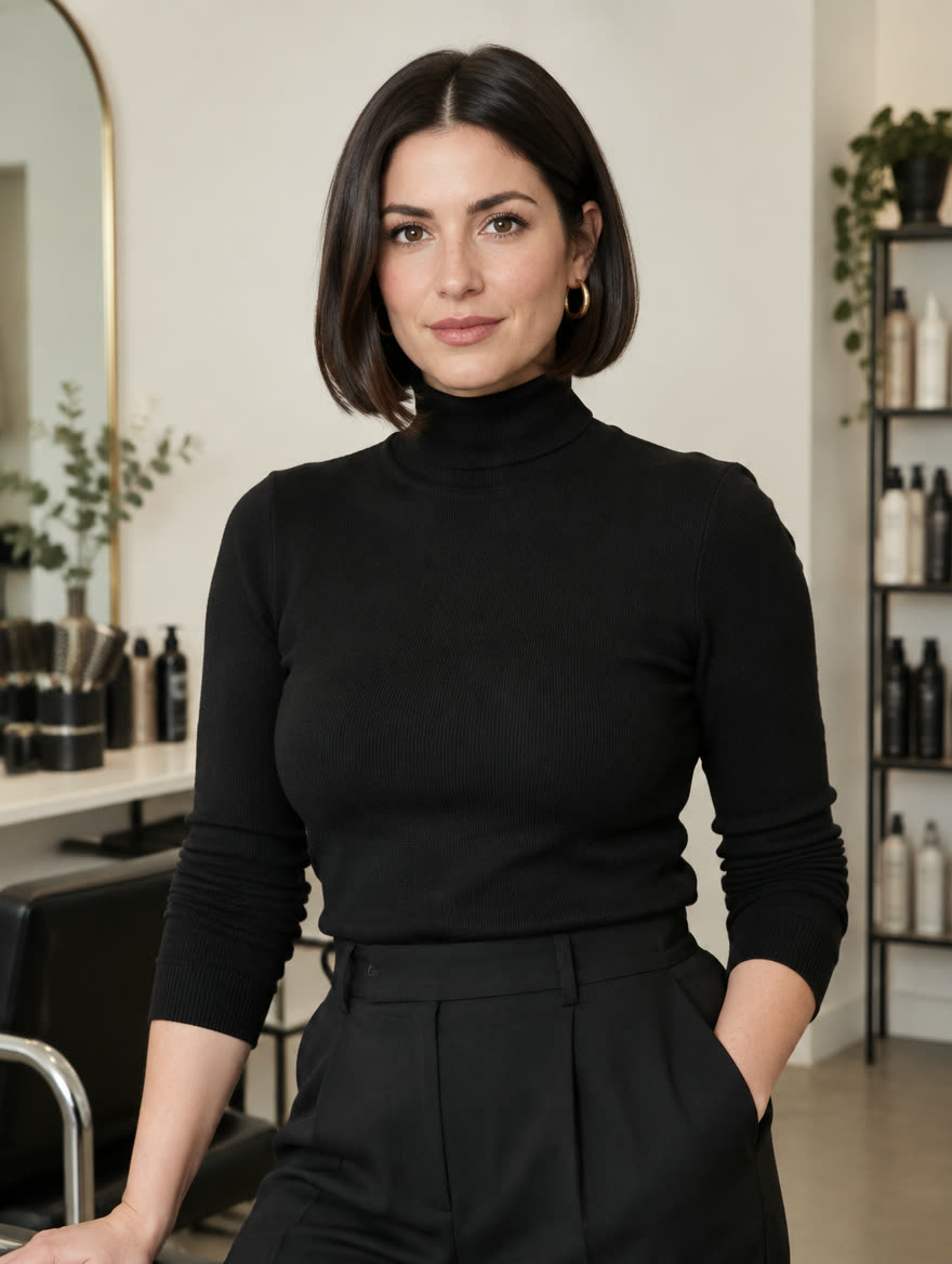 Iris Marlowe, owner and cutter, in a black turtleneck