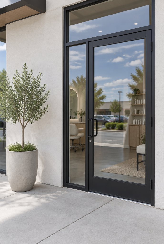 Glass entrance door beside an olive tree in a planter