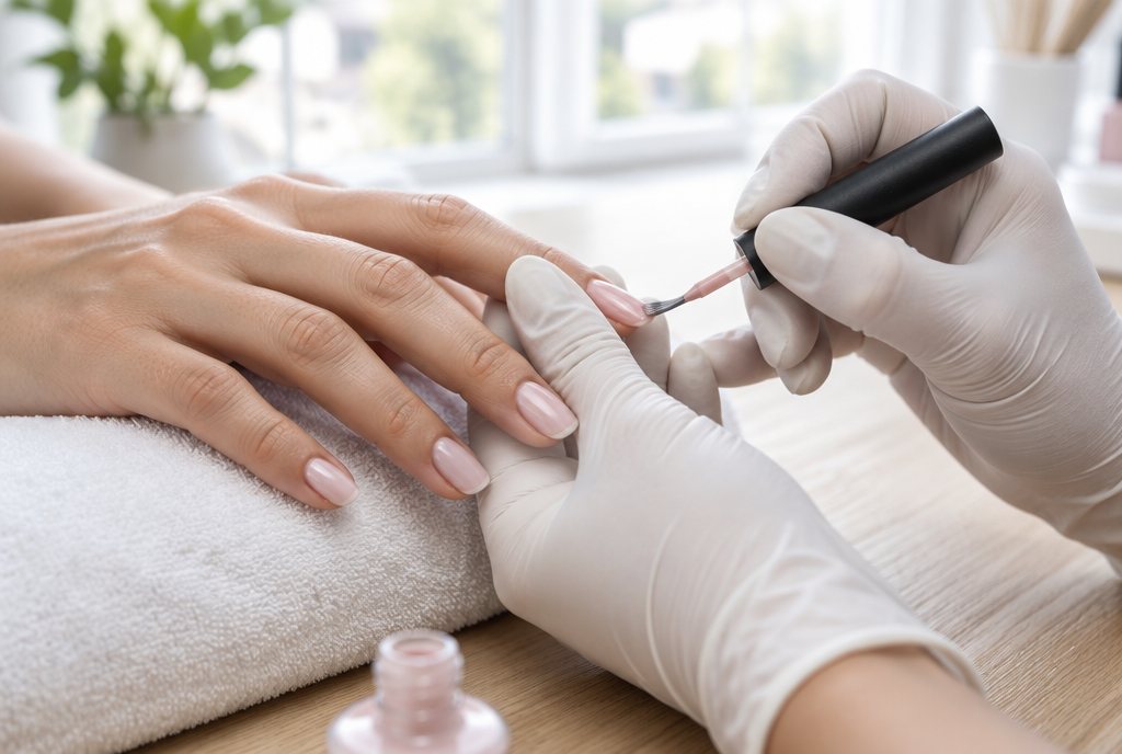 A gloved hand paints a soft pink gel coat on a client's nail