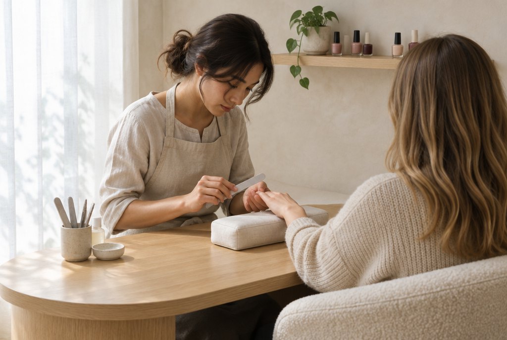 A nail technician in a linen apron files a client's nails at an oak table by a bright window
