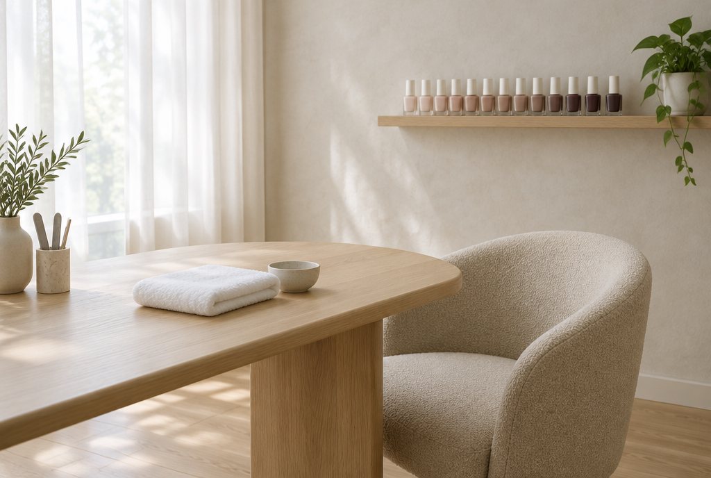 Nail table in light oak with a cushioned chair