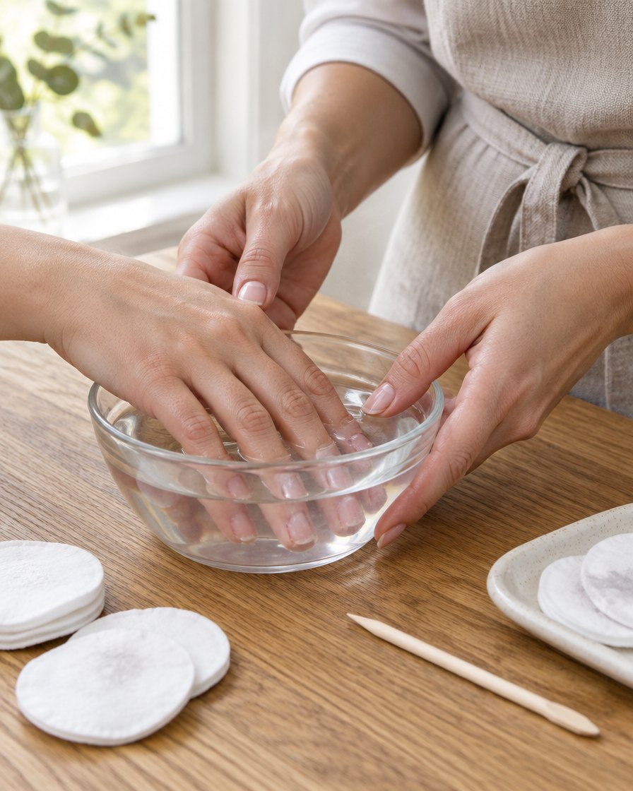 Hana soaks a client's fingertips to lift old gel