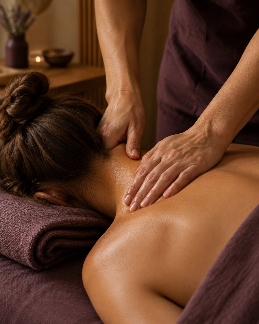 Mia works on a client's neck and shoulder