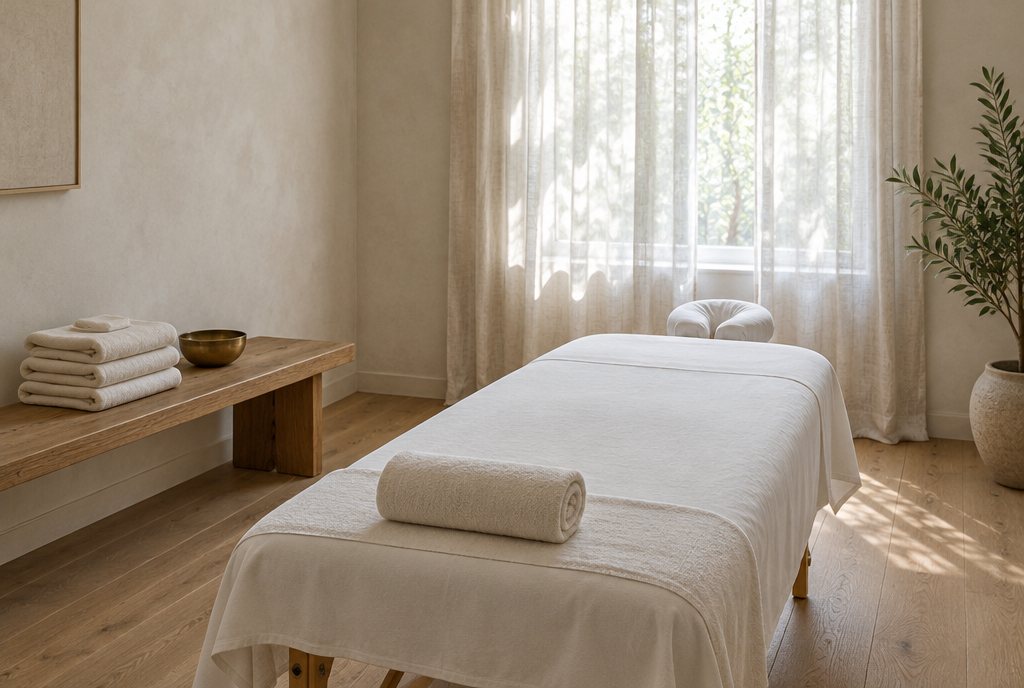 The body room at the back with a treatment bed and folded linen