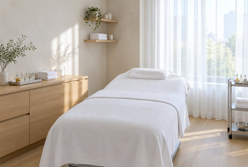 The facial room with a white bed and a lighted lamp