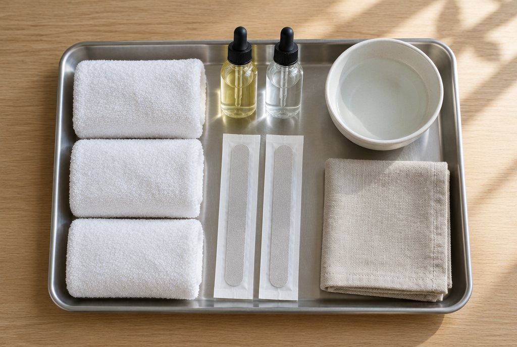 A steel tray with rolled towels, sealed nail files, and a bowl of warm water